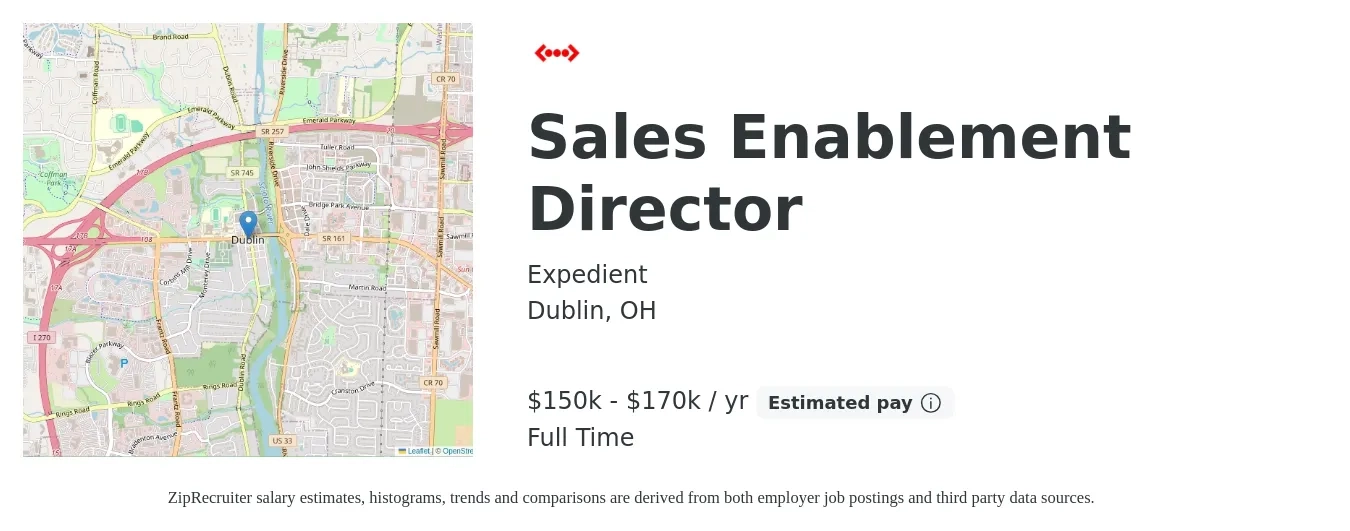 Expedient job posting for a Sales Enablement Director in Dublin, OH with a salary of $150,000 to $170,000 Yearly with a map of Dublin location.