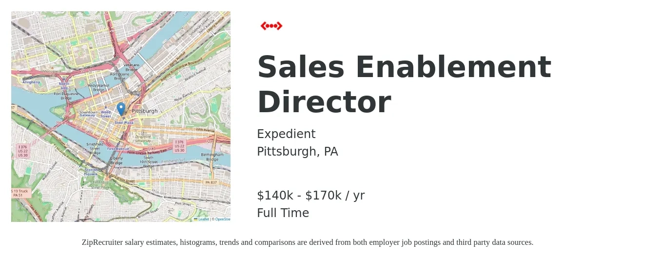 Expedient job posting for a Sales Enablement Director in Pittsburgh, PA with a salary of $150,000 to $170,000 Yearly with a map of Pittsburgh location.