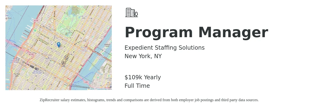 Expedient Staffing Solutions job posting for a Program Manager in New York, NY with a salary of $109,000 Yearly with a map of New York location.