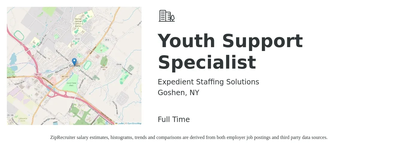 Expedient Staffing Solutions job posting for a Youth Support Specialist in Goshen, NY with a salary of $20 to $30 Hourly with a map of Goshen location.