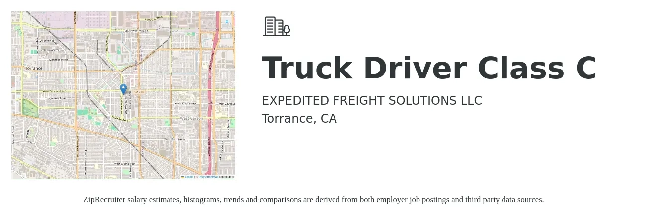 EXPEDITED FREIGHT SOLUTIONS LLC job posting for a Truck Driver Class C in Torrance, CA with a salary of $20 to $21 Hourly with a map of Torrance location.