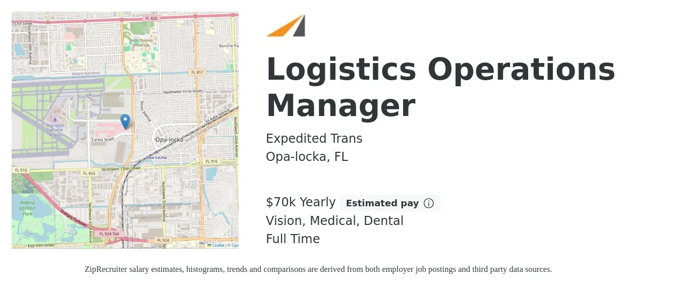 Expedited Trans job posting for a Logistics Operations Manager in Opa-locka, FL with a salary of $70,000 Yearly and benefits including dental, medical, pto, and vision with a map of Opa-locka location.