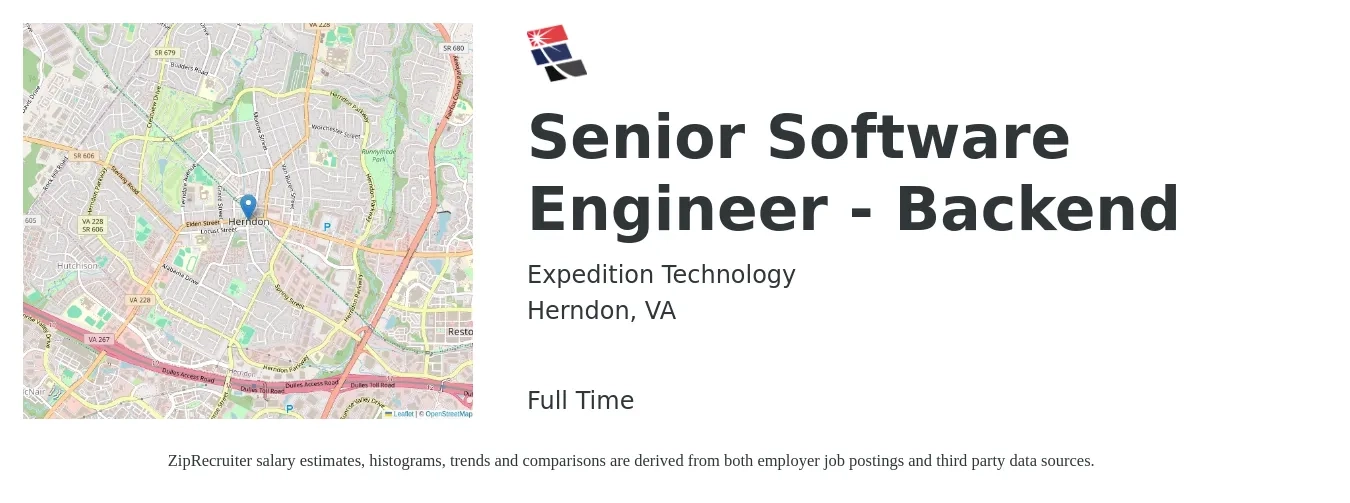 Expedition Technology job posting for a Senior Software Engineer - Backend in Herndon, VA with a salary of $126,000 to $166,100 Yearly with a map of Herndon location.