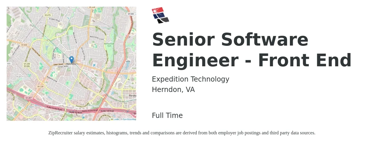 Expedition Technology job posting for a Senior Software Engineer - Front End in Herndon, VA with a salary of $133,700 to $166,600 Yearly with a map of Herndon location.