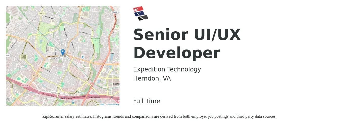Expedition Technology job posting for a Senior UI/UX Developer in Herndon, VA with a salary of $62 to $80 Hourly with a map of Herndon location.