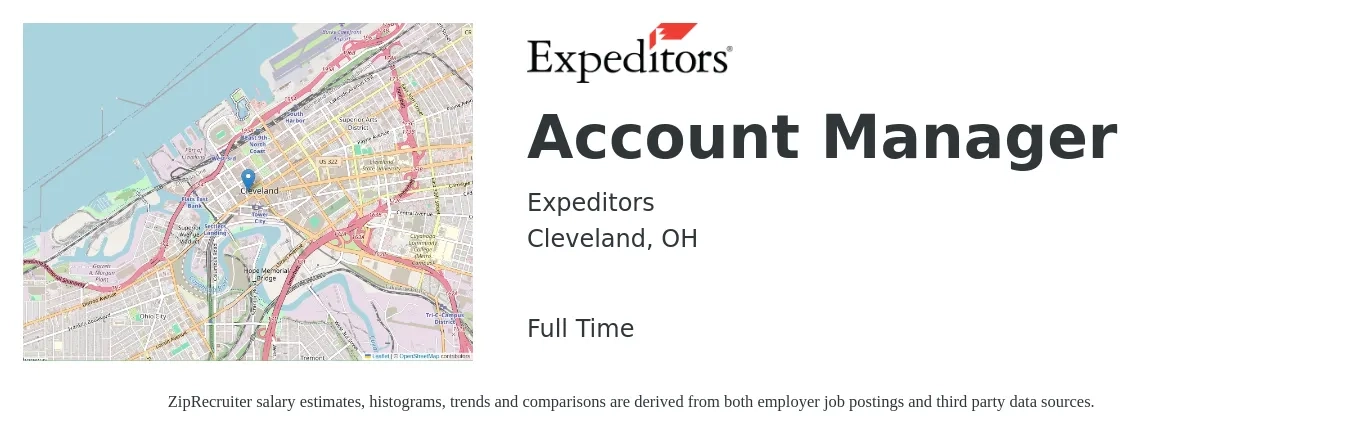 Expeditors job posting for a Account Manager in Cleveland, OH with a salary of $46,600 to $76,200 Yearly with a map of Cleveland location.
