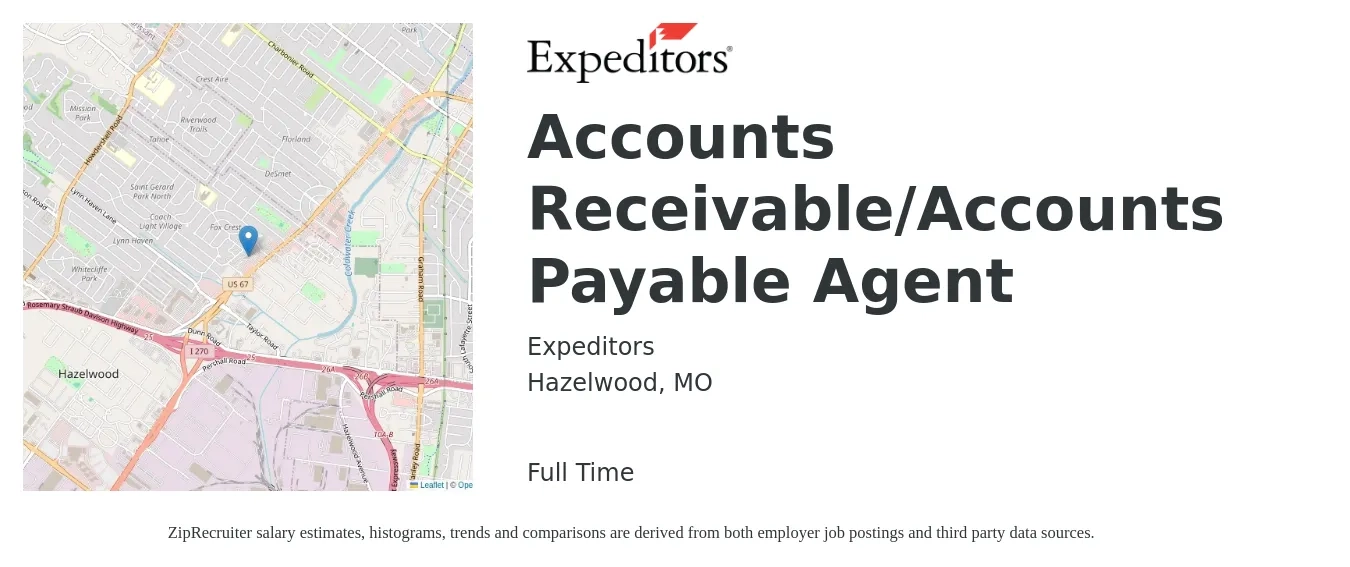 Expeditors job posting for a Accounts Receivable/Accounts Payable Agent in Hazelwood, MO with a salary of $18 to $22 Hourly with a map of Hazelwood location.