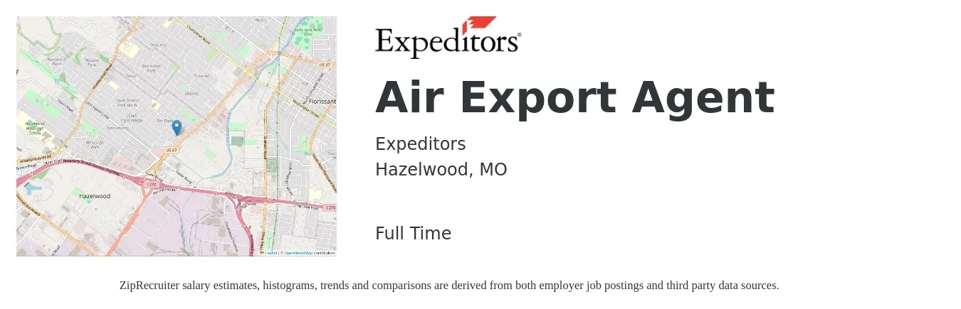 Expeditors job posting for a Air Export Agent in Hazelwood, MO with a salary of $18 to $24 Hourly with a map of Hazelwood location.