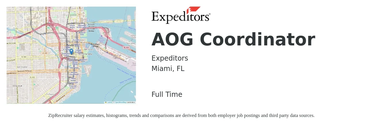 Expeditors job posting for a AOG Coordinator in Miami, FL with a salary of $44,000 to $57,400 Yearly with a map of Miami location.