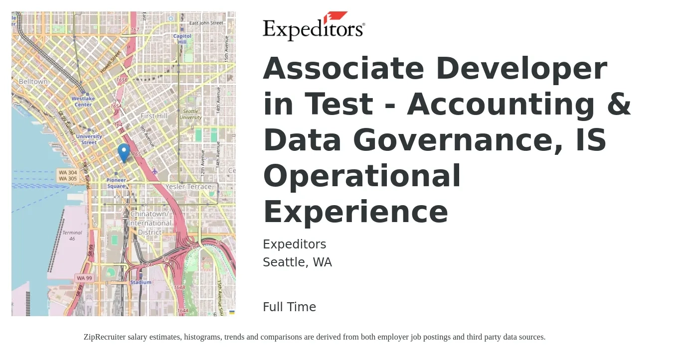 Expeditors job posting for a Associate Developer in Test - Accounting & Data Governance, IS Operational Experience in Seattle, WA with a salary of $57 to $74 Hourly with a map of Seattle location.