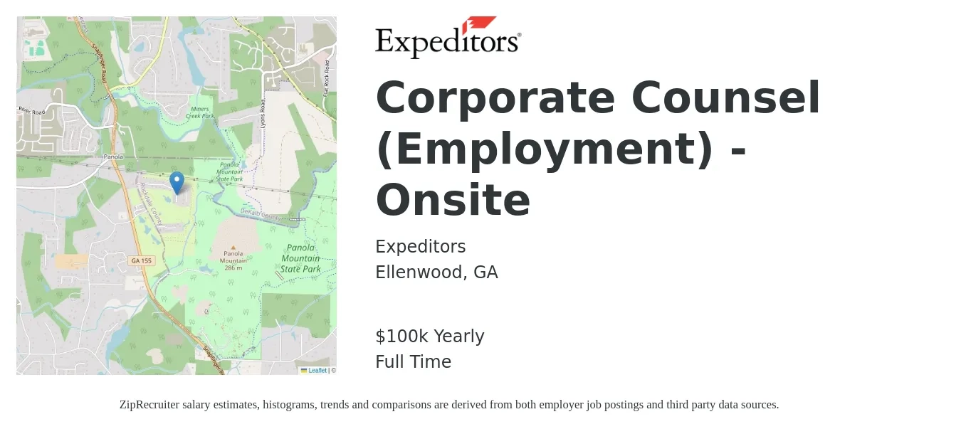 Expeditors job posting for a Corporate Counsel (Employment) - Onsite in Ellenwood, GA with a salary of $100,000 Yearly with a map of Ellenwood location.