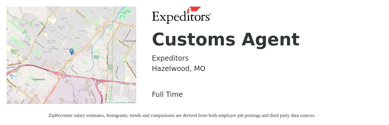 Expeditors job posting for a Customs Agent in Hazelwood, MO with a salary of $124,300 to $124,700 Yearly with a map of Hazelwood location.