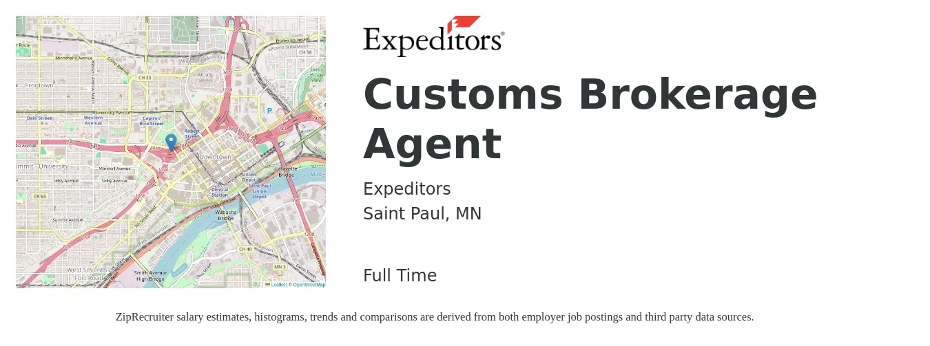 Expeditors job posting for a Customs Brokerage Agent in Saint Paul, MN with a salary of $100,400 to $139,700 Yearly with a map of Saint Paul location.