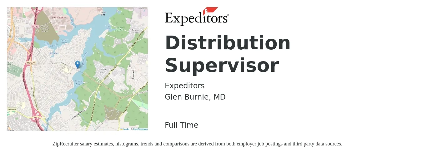 Expeditors job posting for a Distribution Supervisor in Glen Burnie, MD with a salary of $56,600 to $80,800 Yearly with a map of Glen Burnie location.