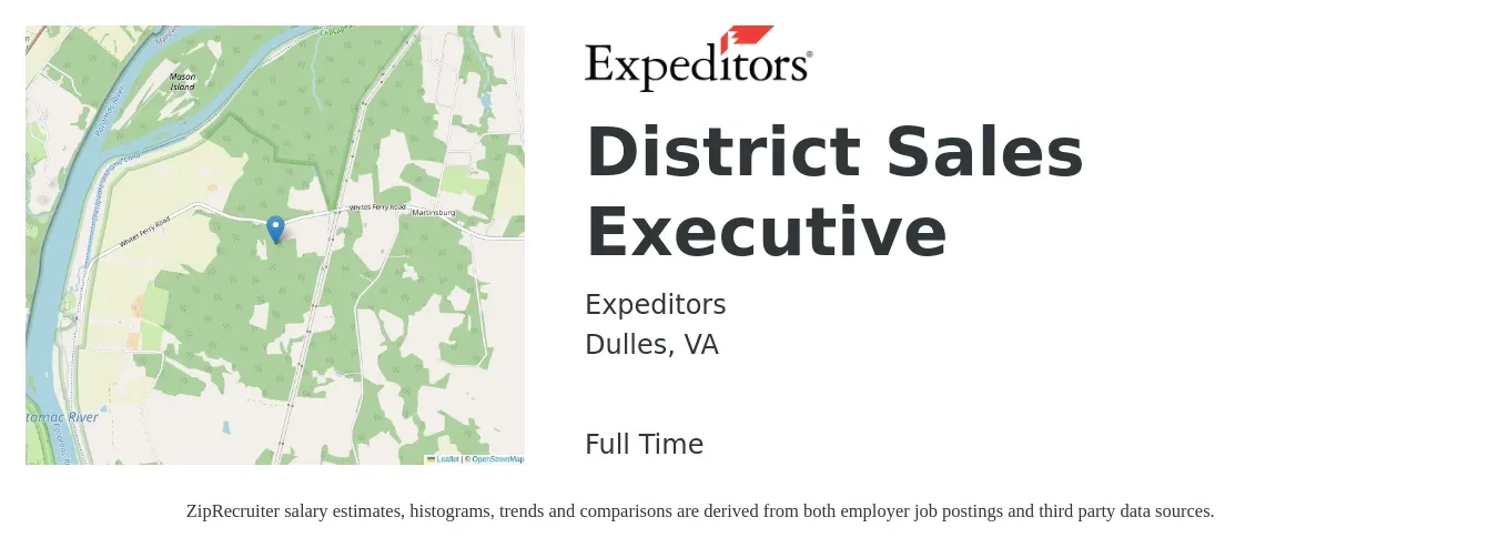 Expeditors job posting for a District Sales Executive in Dulles, VA with a salary of $56,400 to $97,000 Yearly with a map of Dulles location.
