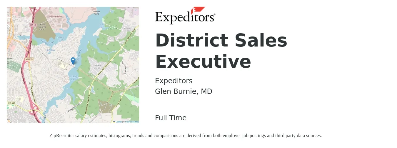 Expeditors job posting for a District Sales Executive in Glen Burnie, MD with a salary of $55,100 to $94,800 Yearly with a map of Glen Burnie location.