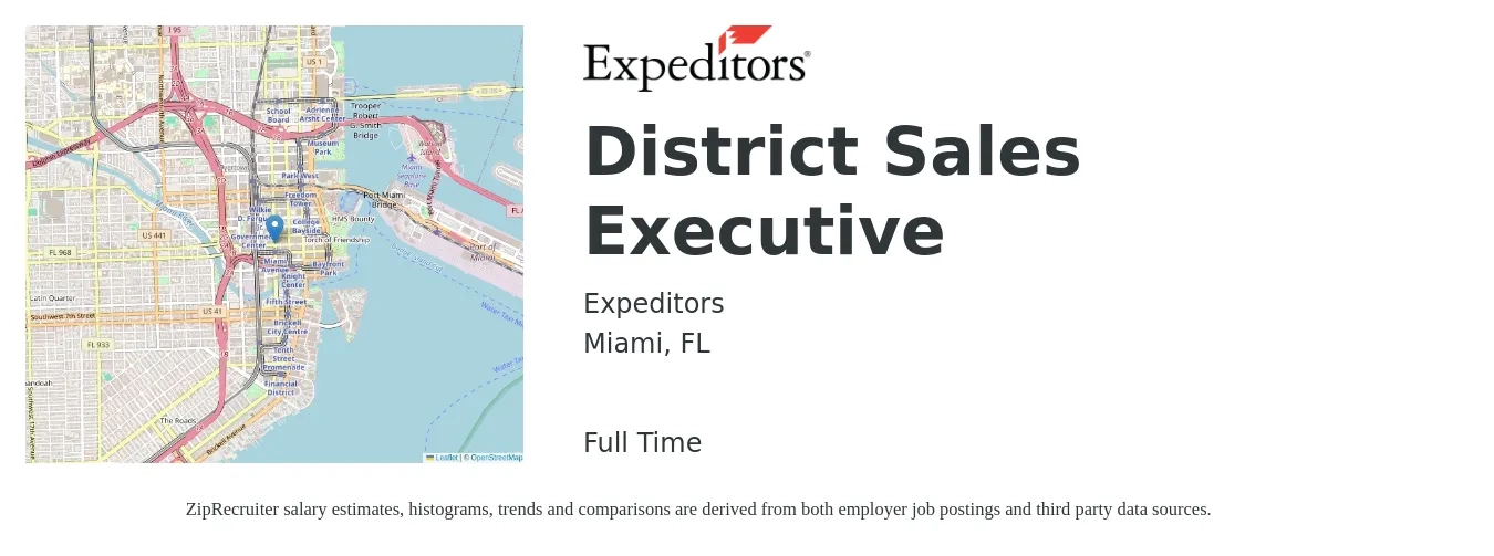 Expeditors job posting for a District Sales Executive in Miami, FL with a salary of $54,500 to $93,700 Yearly with a map of Miami location.