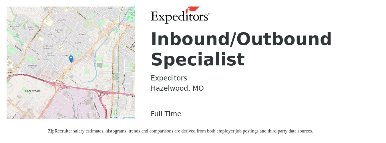 Expeditors job posting for a Inbound/Outbound Specialist in Hazelwood, MO with a salary of $76,200 to $76,700 Yearly with a map of Hazelwood location.
