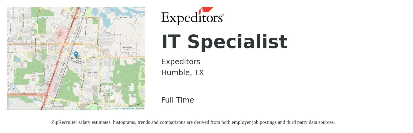 Expeditors job posting for a IT Specialist in Humble, TX with a salary of $40,200 to $96,300 Yearly with a map of Humble location.