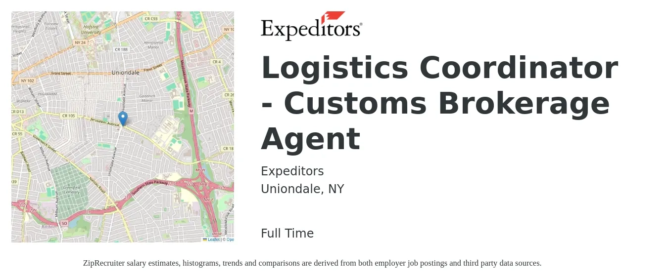 Expeditors job posting for a Logistics Coordinator - Customs Brokerage Agent in Uniondale, NY with a salary of $102,400 to $142,500 Yearly with a map of Uniondale location.