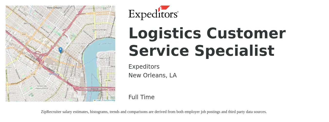 Expeditors job posting for a Logistics Customer Service Specialist in New Orleans, LA with a salary of $16 to $22 Hourly with a map of New Orleans location.