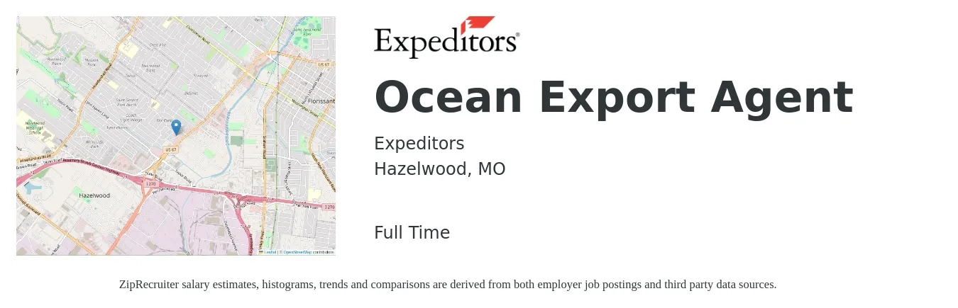 Expeditors job posting for a Ocean Export Agent in Hazelwood, MO with a salary of $18 to $28 Hourly with a map of Hazelwood location.