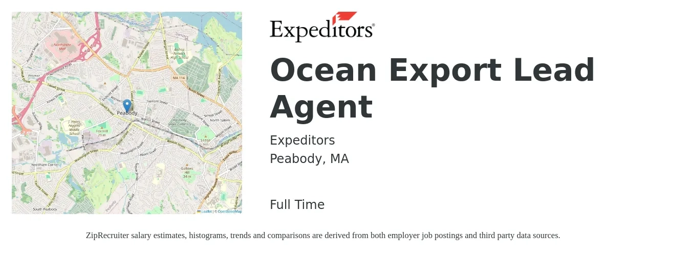 Expeditors job posting for a Ocean Export Lead Agent in Peabody, MA with a salary of $22 to $33 Hourly with a map of Peabody location.