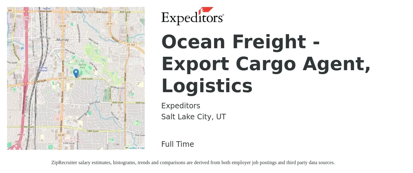 Expeditors job posting for a Ocean Freight - Export Cargo Agent, Logistics in Salt Lake City, UT with a salary of $19 to $28 Hourly with a map of Salt Lake City location.