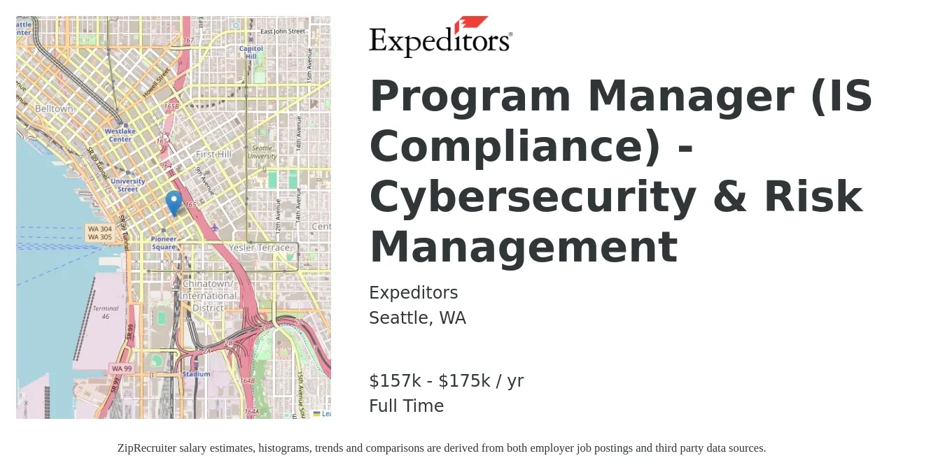 Expeditors job posting for a Program Manager (IS Compliance) - Cybersecurity & Risk Management in Seattle, WA with a salary of $157,000 to $175,000 Yearly with a map of Seattle location.