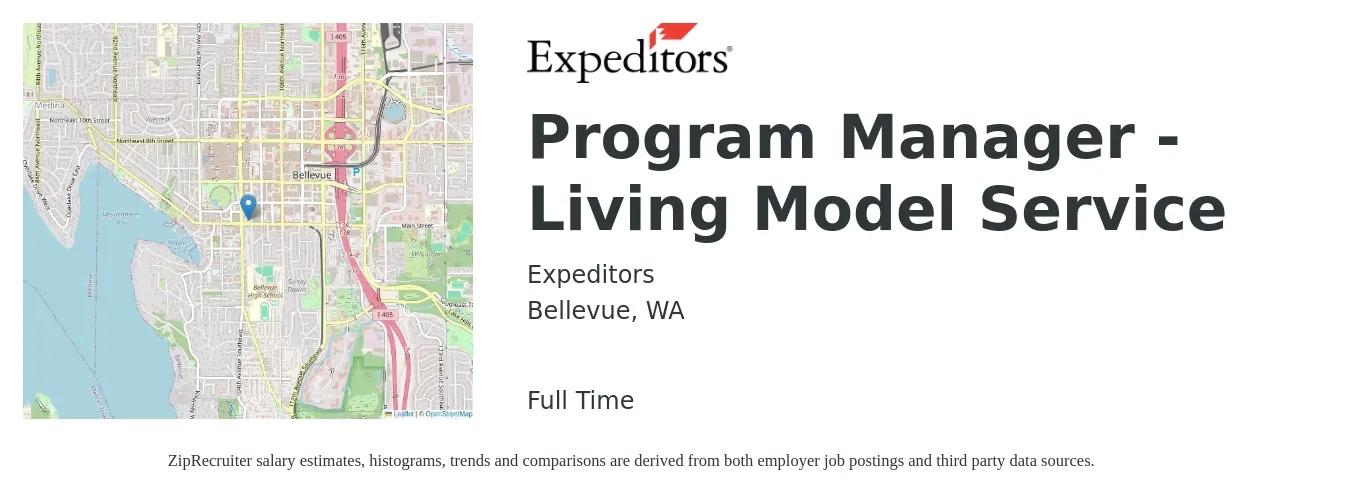 Expeditors job posting for a Program Manager - Living Model Service in Bellevue, WA with a map of Bellevue location.
