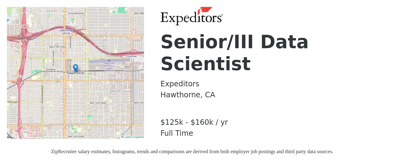 Expeditors job posting for a Senior/III Data Scientist in Hawthorne, CA with a salary of $125,000 to $160,000 Yearly with a map of Hawthorne location.
