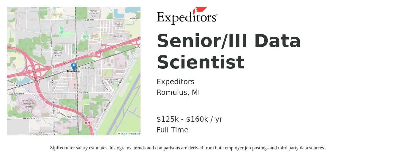 Expeditors job posting for a Senior/III Data Scientist in Romulus, MI with a salary of $125,000 to $160,000 Yearly with a map of Romulus location.