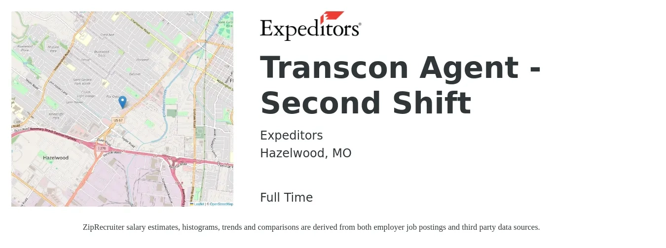 Expeditors job posting for a Transcon Agent - Second Shift in Hazelwood, MO with a map of Hazelwood location.