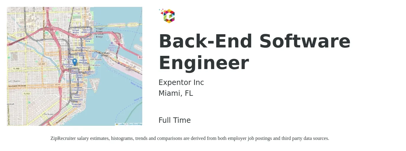 Expentor Inc job posting for a Back-End Software Engineer in Miami, FL with a salary of $118,600 to $164,500 Yearly with a map of Miami location.