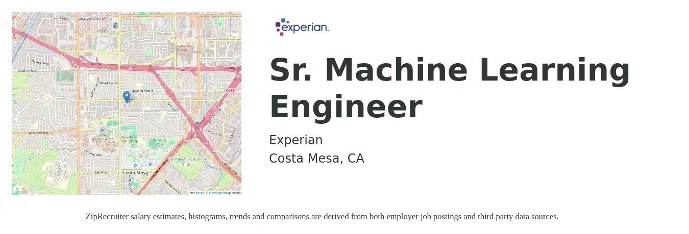 Experian job posting for a Sr. Machine Learning Engineer in Costa Mesa, CA with a salary of $110,800 to $152,100 Yearly with a map of Costa Mesa location.