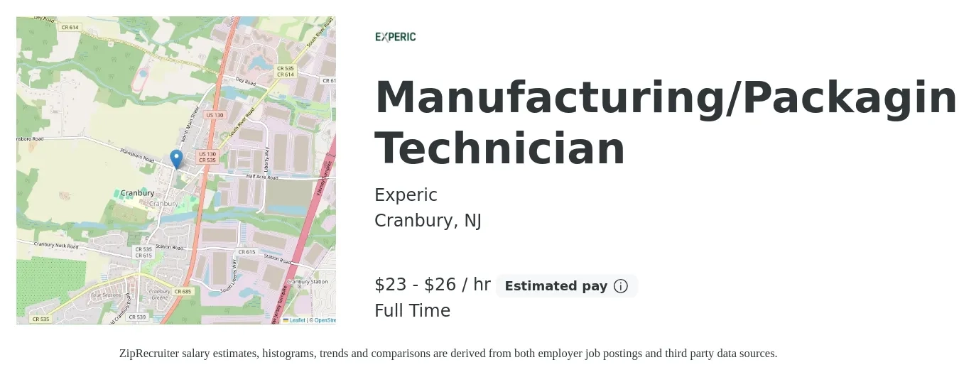 Experic job posting for a Manufacturing/Packaging Technician in Cranbury, NJ with a salary of $24 to $28 Hourly with a map of Cranbury location.