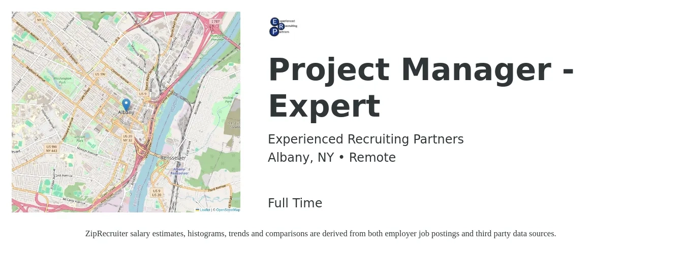 Experienced Recruiting Partners job posting for a Project Manager - Expert in Albany, NY with a salary of $43 to $68 Hourly with a map of Albany location.