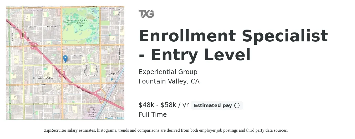 Experiential Group job posting for a Enrollment Specialist - Entry Level in Fountain Valley, CA with a salary of $48,000 to $58,000 Yearly with a map of Fountain Valley location.