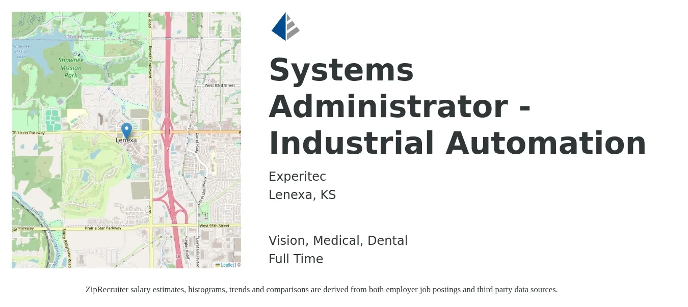 Experitec job posting for a Systems Administrator - Industrial Automation in Lenexa, KS with a salary of $65,700 to $97,600 Yearly and benefits including dental, life_insurance, medical, pto, retirement, and vision with a map of Lenexa location.