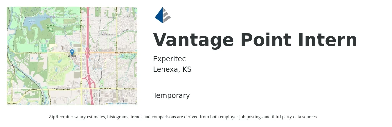 Experitec job posting for a Vantage Point Intern in Lenexa, KS with a salary of $14 to $18 Hourly with a map of Lenexa location.