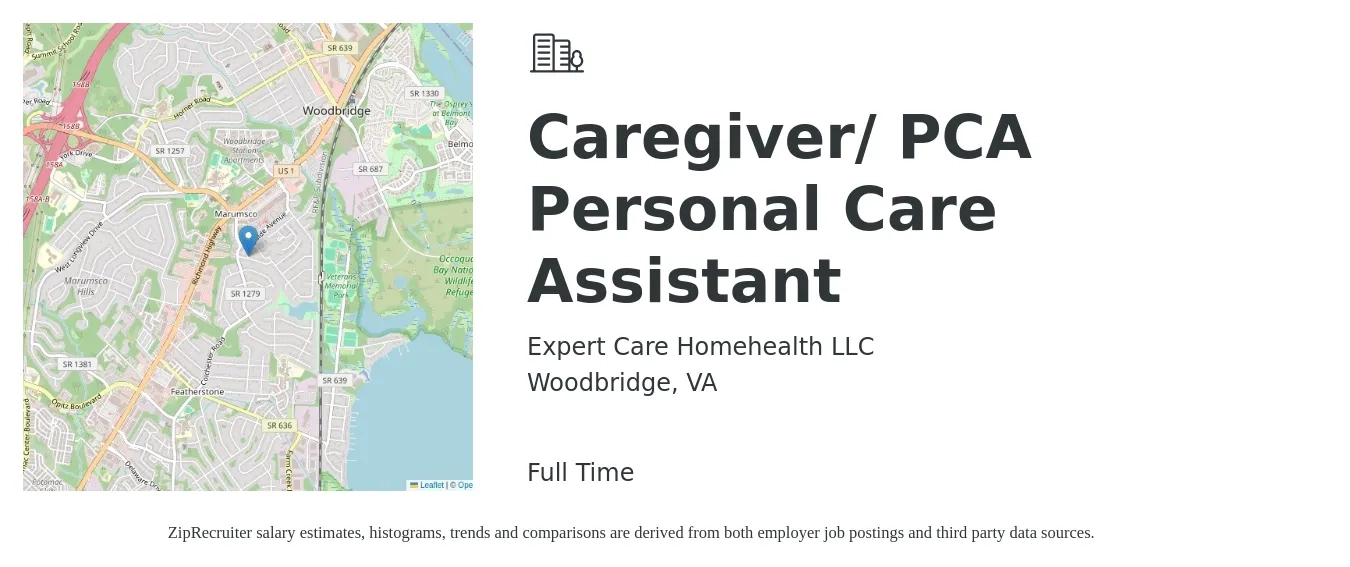 Expert Care Homehealth LLC job posting for a Caregiver/ PCA Personal Care Assistant in Woodbridge, VA with a salary of $12 to $17 Hourly with a map of Woodbridge location.