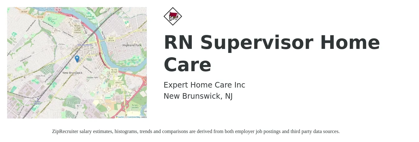 Expert Home Care Inc job posting for a RN Supervisor Home Care in New Brunswick, NJ with a salary of $41 to $60 Hourly with a map of New Brunswick location.