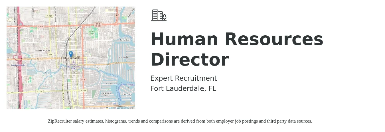 Expert Recruitment job posting for a Human Resources Director in Fort Lauderdale, FL with a salary of $84,600 to $130,500 Yearly with a map of Fort Lauderdale location.