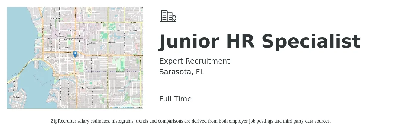 Expert Recruitment job posting for a Junior HR Specialist in Sarasota, FL with a salary of $64,100 to $92,900 Yearly with a map of Sarasota location.