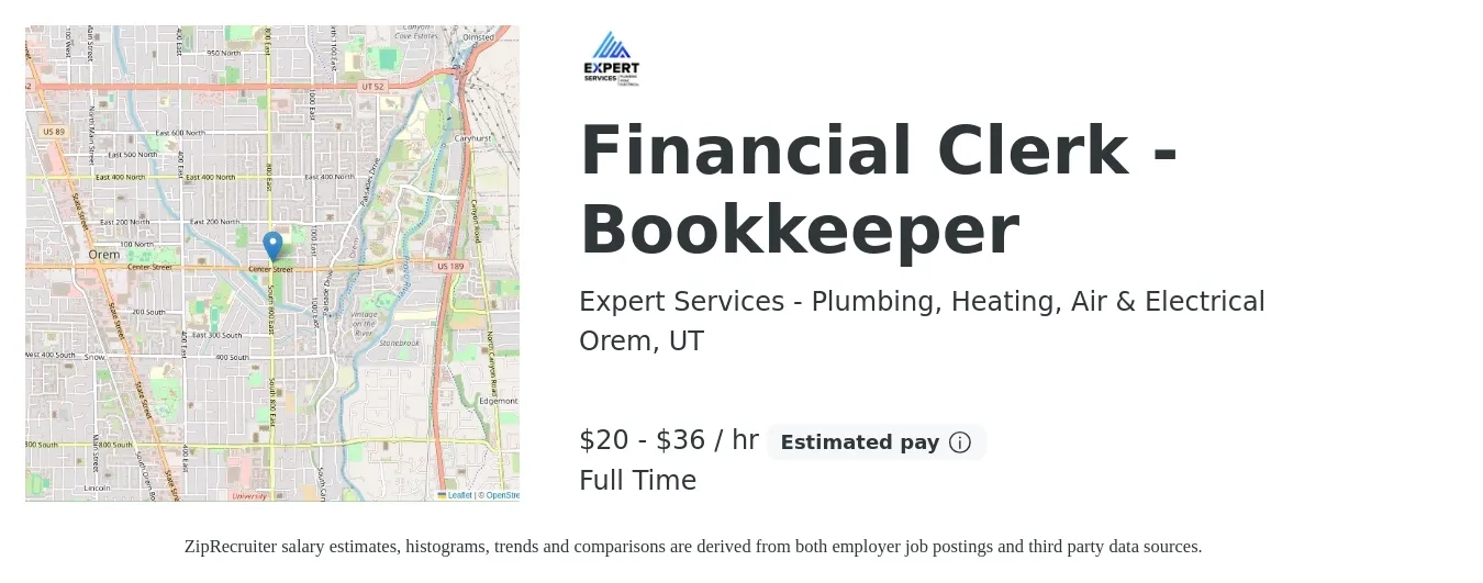Expert Services - Plumbing, Heating, Air & Electrical job posting for a Financial Clerk - Bookkeeper in Orem, UT with a salary of $45,000 to $80,000 Yearly with a map of Orem location.