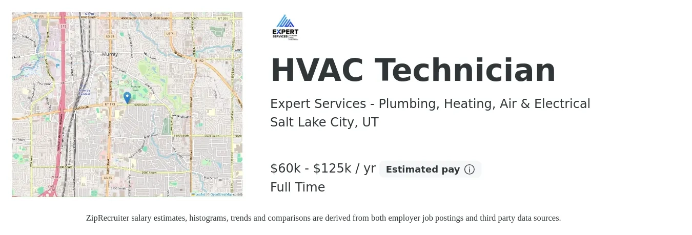 Expert Services - Plumbing, Heating, Air & Electrical job posting for a HVAC Technician in Salt Lake City, UT with a salary of $60,000 to $125,000 Yearly with a map of Salt Lake City location.