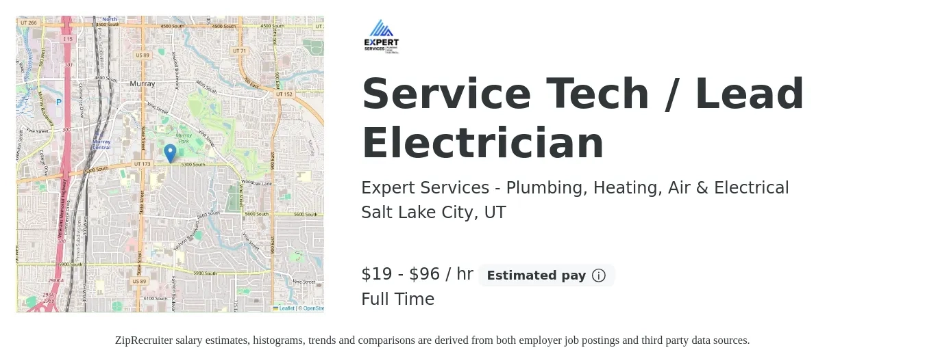 Expert Services - Plumbing, Heating, Air & Electrical job posting for a Service Tech / Lead Electrician in Salt Lake City, UT with a salary of $20 to $100 Hourly with a map of Salt Lake City location.