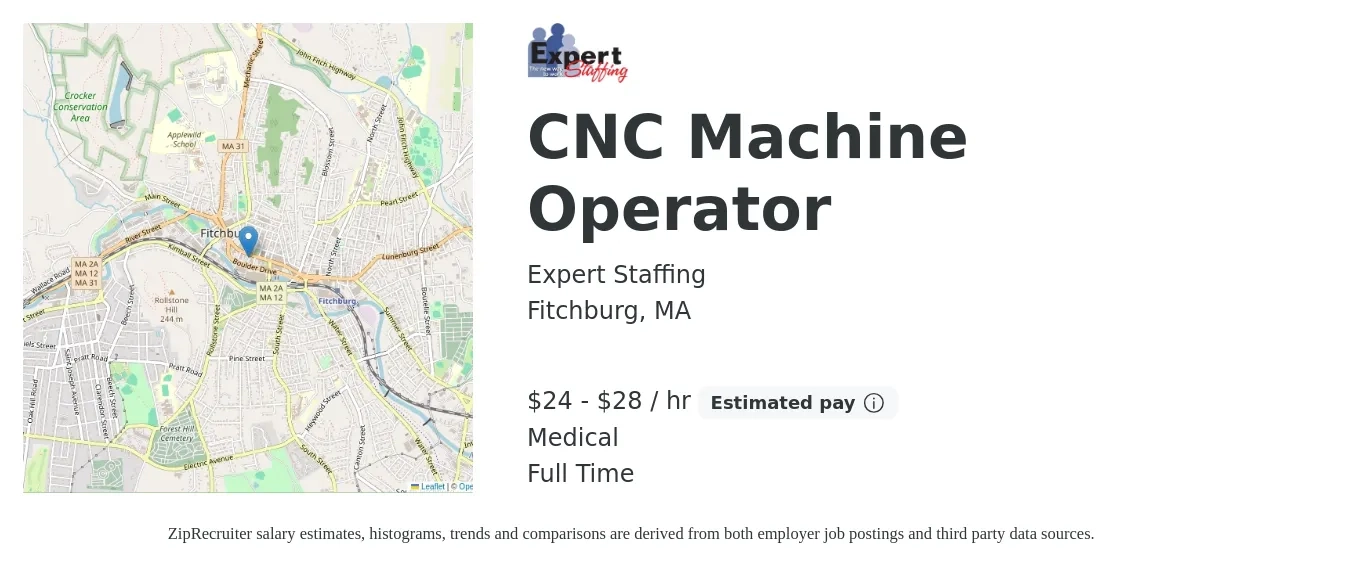 Expert Staffing job posting for a CNC Machine Operator in Fitchburg, MA with a salary of $25 to $30 Hourly and benefits including medical, and pto with a map of Fitchburg location.