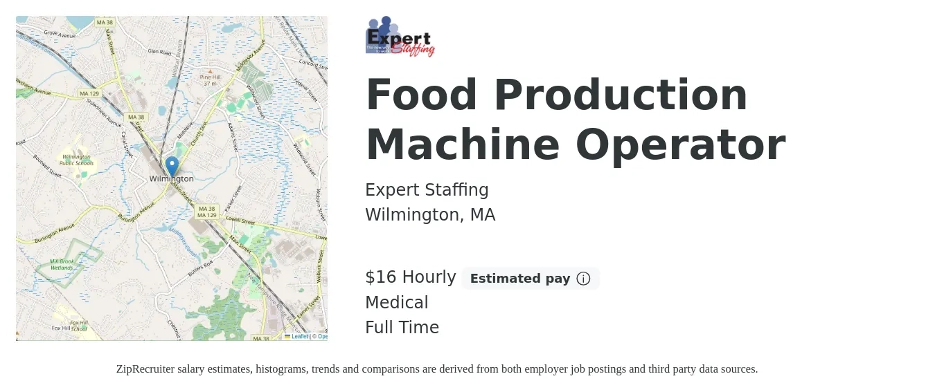 Expert Staffing job posting for a Food Production Machine Operator in Wilmington, MA with a salary of $18 Hourly and benefits including medical, and pto with a map of Wilmington location.