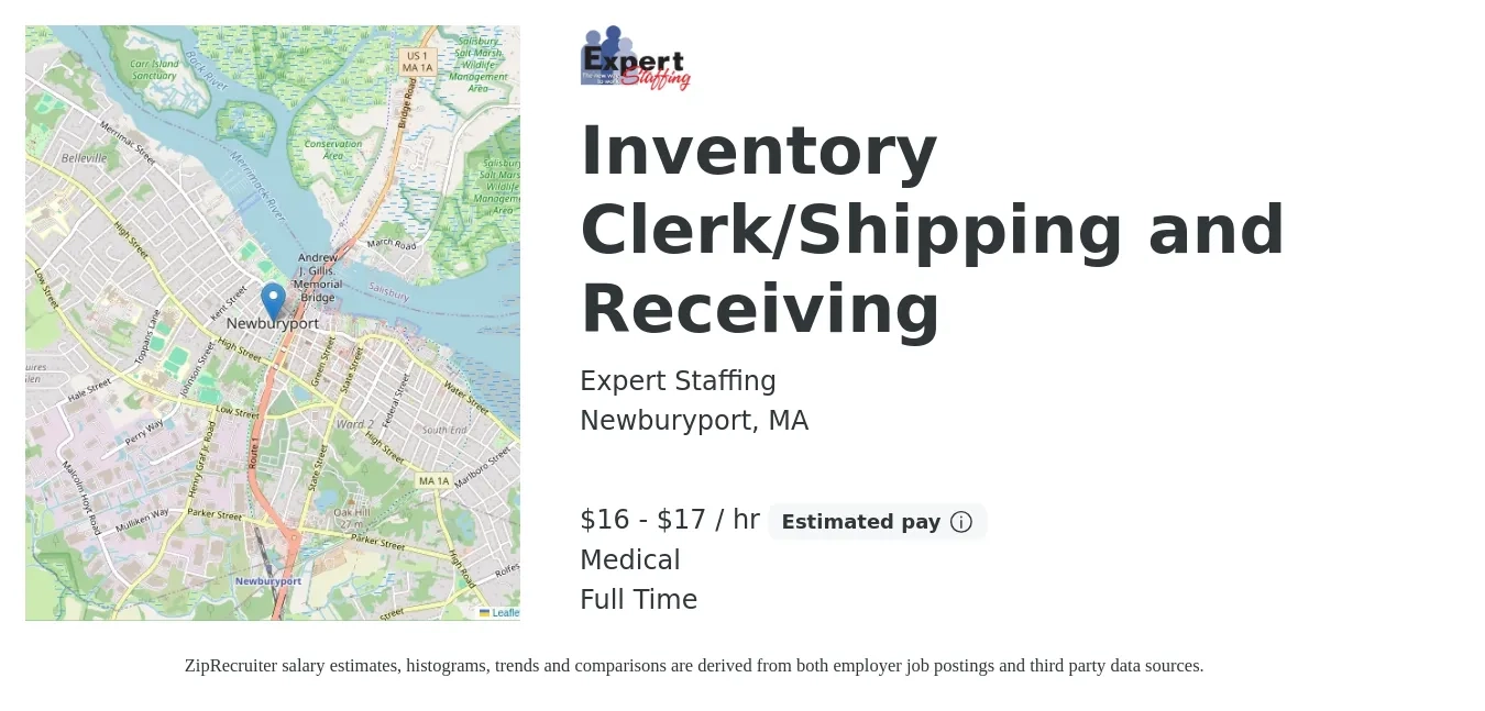 Expert Staffing job posting for a Inventory Clerk/Shipping and Receiving in Newburyport, MA with a salary of $17 to $18 Hourly and benefits including medical, and pto with a map of Newburyport location.